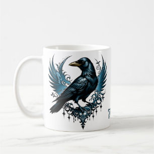 Majestic black raven sitting on an ornate coffee mug