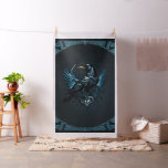 Majestic black raven sitting on an ornate,  fabric