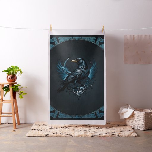 Majestic black raven sitting on an ornate,  fabric