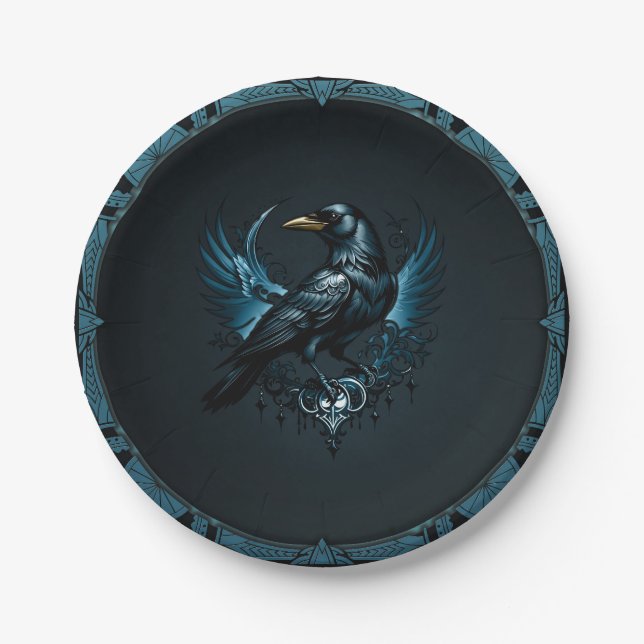 Majestic black raven sitting on an ornate paper plates (Front)