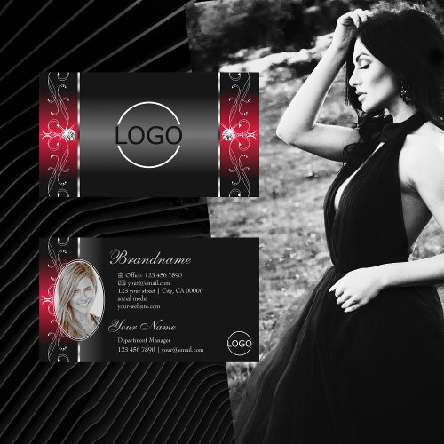 Majestic Black Red Squiggled Jewels Logo and Photo Business Card