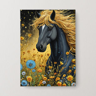 Majestic Black Stallion Amid Vibrant Wildflowers Button