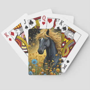 Majestic Black Stallion Amid Vibrant Wildflowers Poker Cards