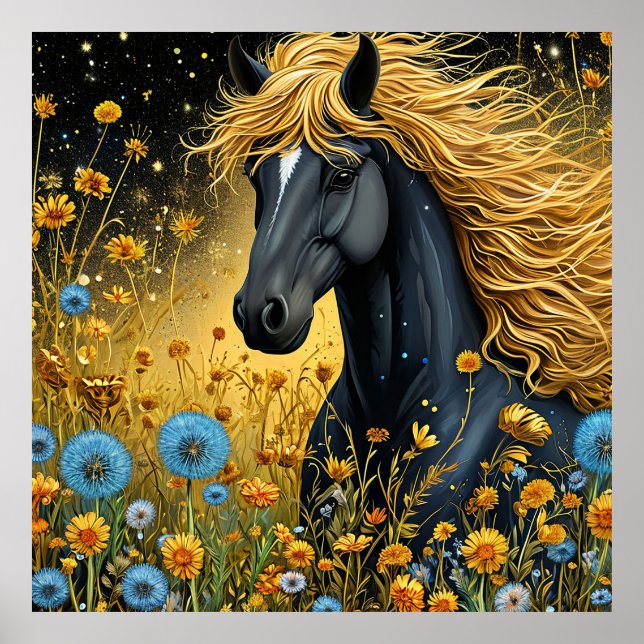 Majestic Black Stallion Amid Vibrant Wildflowers Poster (Front)