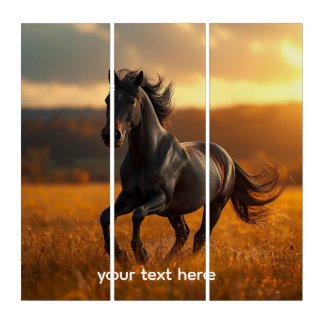 Majestic Black Stallion Horse Autumn Sunset Landsc Triptych