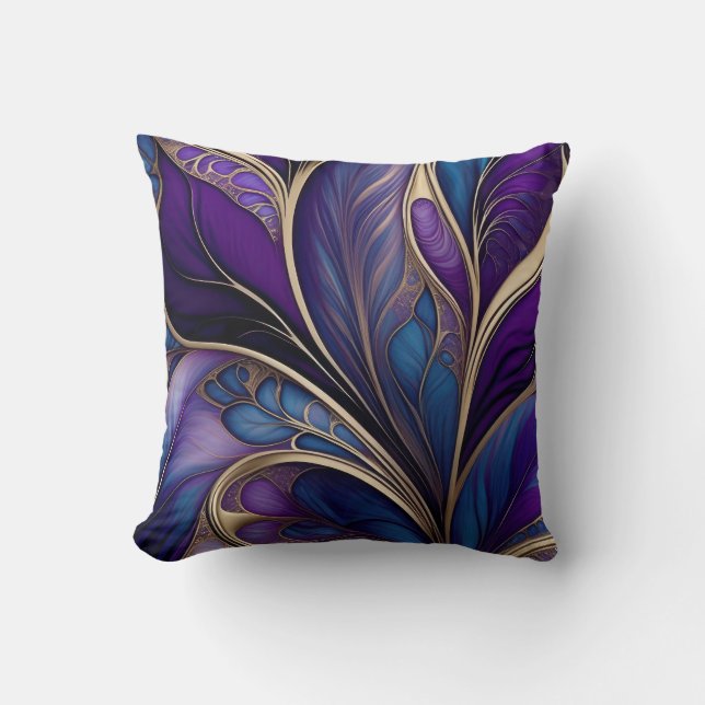 Majestic Bloom - Deep Purple and Blue Abstract Art Throw Pillow (Front)
