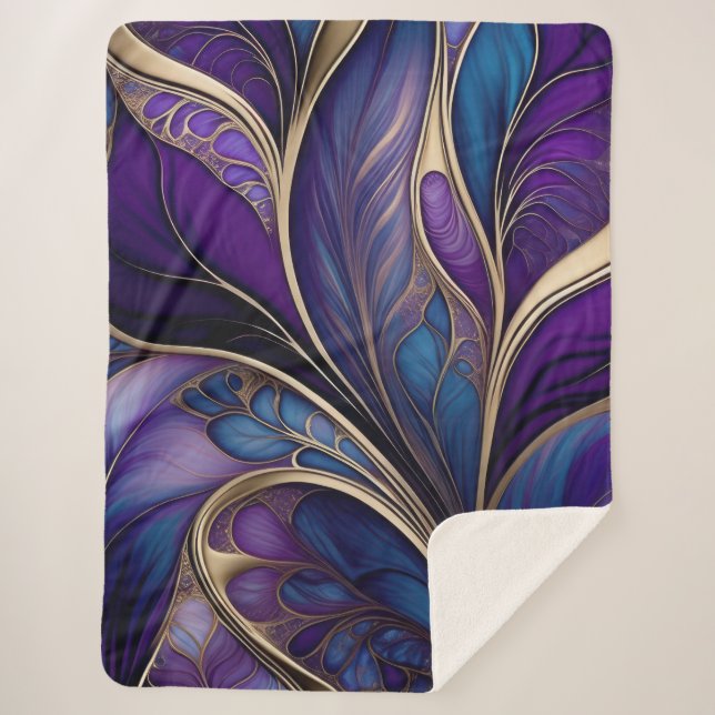 Majestic Bloom - Deep Purple and Blue Abstract Sherpa Blanket (Front)