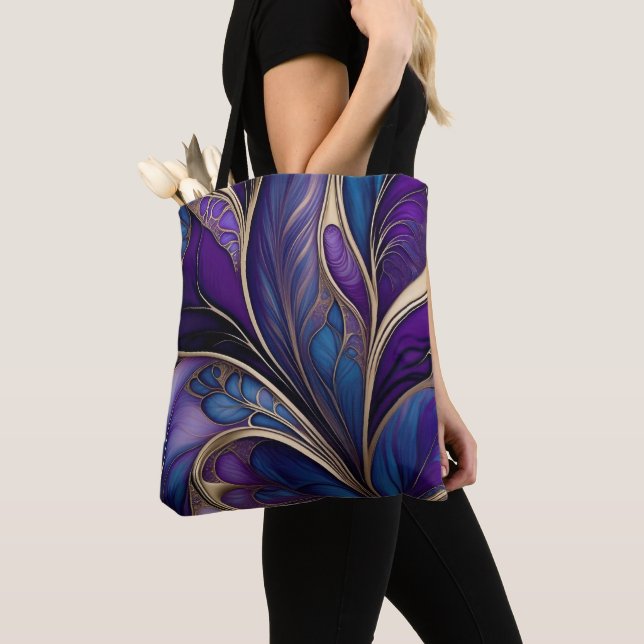 Majestic Bloom - Deep Purple and Blue Abstract Tote Bag (Close Up)