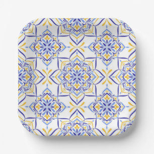 Majestic Bloom Elegant Blue and Gold Floral Mosai Paper Plates