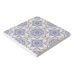 Majestic Bloom Elegant Blue and Gold Floral Mosai Trivet