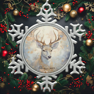 Majestic Blue and Gold Christmas Reindeer Snowflake Pewter Christmas Ornament