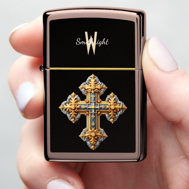 Majestic Blue and Gold Cross With Intricate Design Zippo Lighter (In Hand)