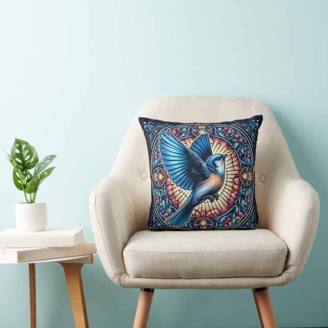 Majestic Blue Bird Soaring in Flight Throw Pillow (Chair)