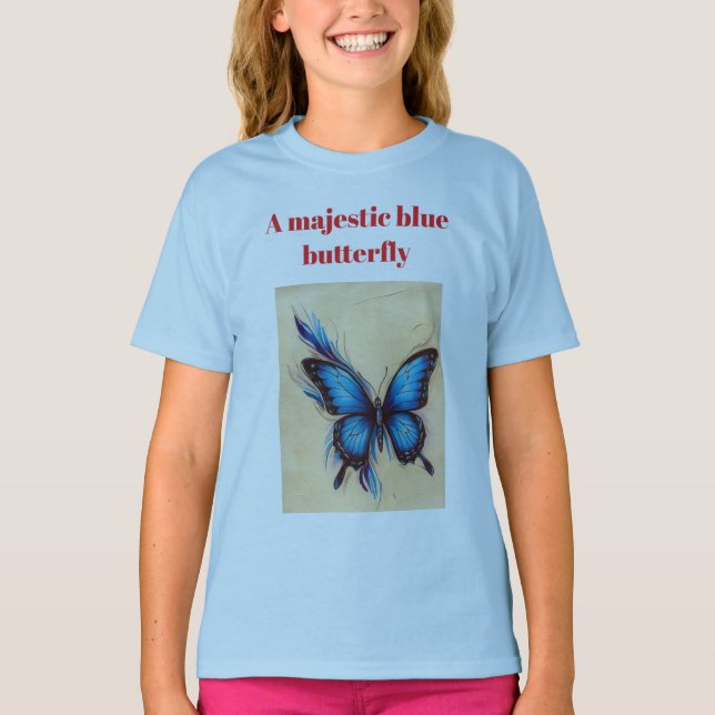 Majestic Blue Butterfly Pencil Sketch T-Shirt (Front)