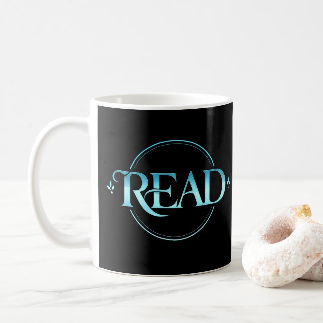 Majestic Blue Glass Typography "READ" Art Coffee Mug (With Donut)