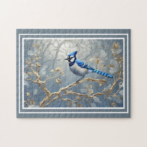 Majestic Blue Jay On Gilded Branches Jigsaw Puzzle