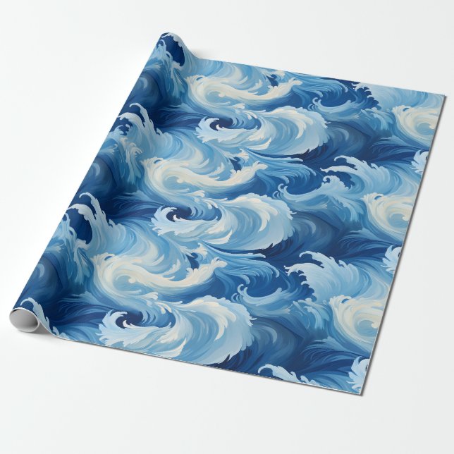 Majestic Blue Surge: Ocean Waves Wrapping Paper (Unrolled)