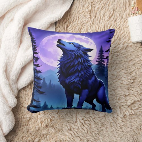 Majestic Blue Wolf Howling Under Full Moon Throw Pillow