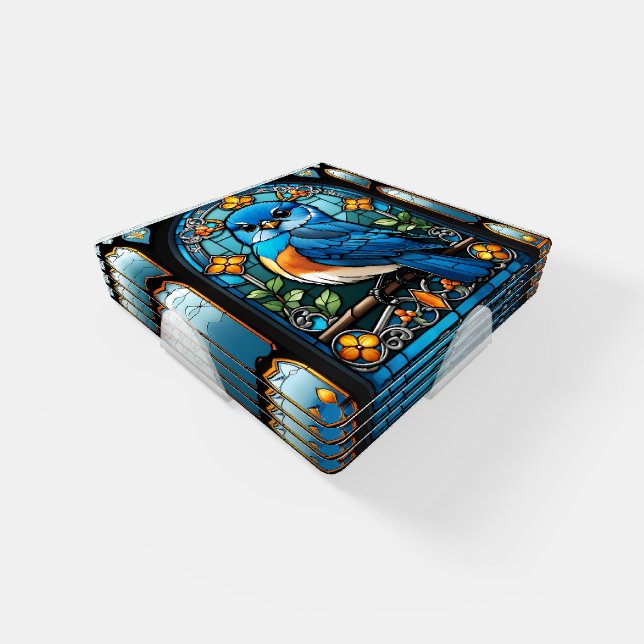 Majestic Bluebird Perched on Stained Glass Window Coaster Set (Set)