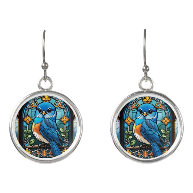 Majestic Bluebird Perched on Stained Glass Window Earrings (Front)