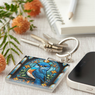 Majestic Bluebird Perched on Stained Glass Window Keychain