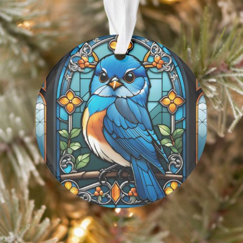 Majestic Bluebird Perched on Stained Glass Window Ornament