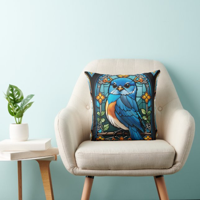 Majestic Bluebird Perched on Stained Glass Window Throw Pillow (Chair)