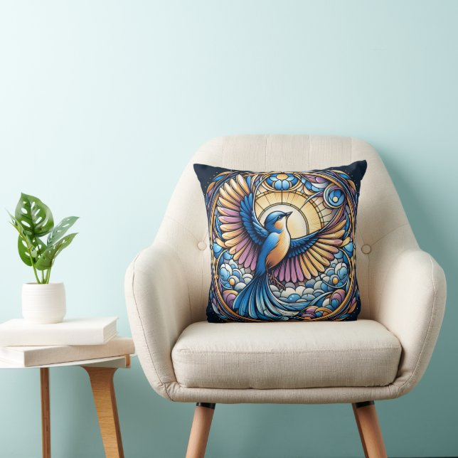 Majestic Bluebird Under the Golden Sun Throw Pillow (Chair)