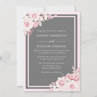 Majestic Blush & Gray Floral Watercolor Wedding Invitation