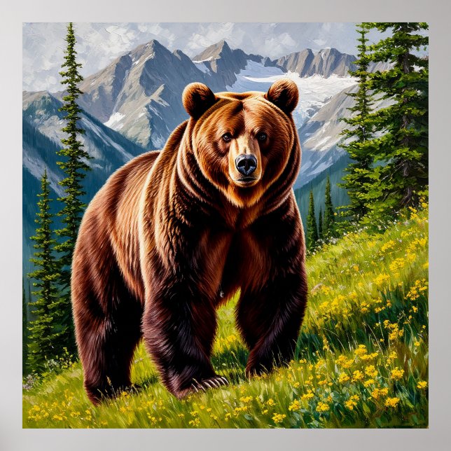 Majestic Brown Bear in Mountain Meadow🐻🏔️🌿🌼✨ Poster (Front)