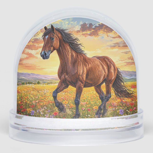 Majestic Brown Horse Running Snow Globe (Front)