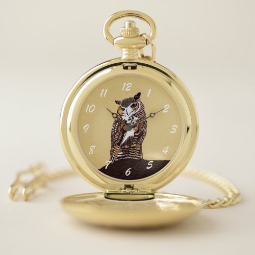 Majestic Brown Owl On Stump Golden Yellow Eyes Tan Pocket Watch