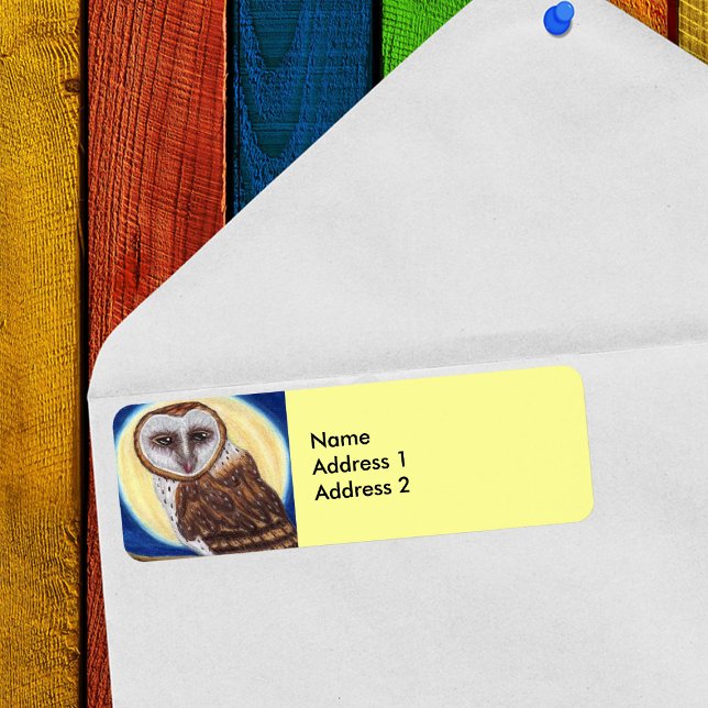 Majestic Brown Spotted Owl Moon Label (Brown and white owl in blue night sky in front of moon on yellow return address labels.)