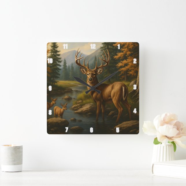 Majestic Buck By Two Fawns Forest Stream Square Wall Clock (Home)
