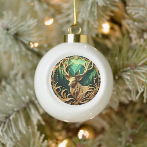 Majestic buck gazing out into a serene forest  ceramic ball christmas ornament