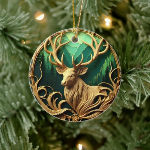 Majestic buck gazing out into a serene forest  ceramic ornament