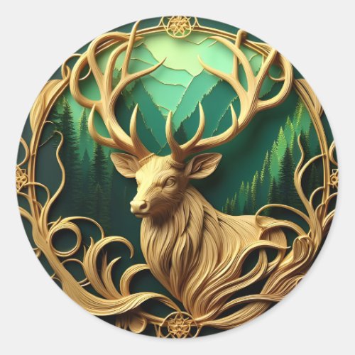 Majestic buck gazing out into a serene forest  classic round sticker