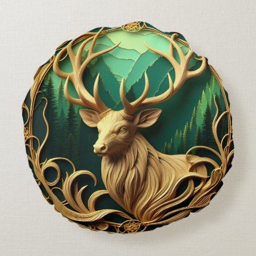 Majestic buck gazing out into a serene forest  round pillow