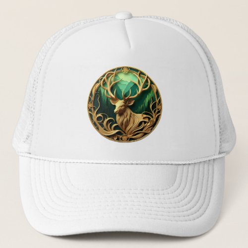 Majestic buck gazing out into a serene forest  trucker hat