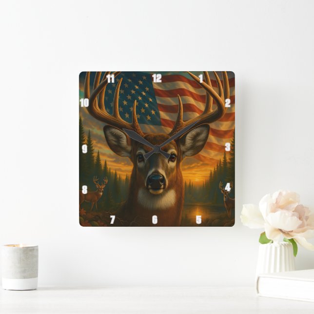 Majestic Buck Impressive Antlers American Flag  Square Wall Clock (Home)