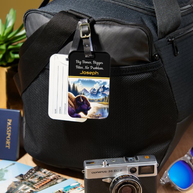 Majestic Buffalo by a Serene Mountain River Luggage Tag (Front & Back)