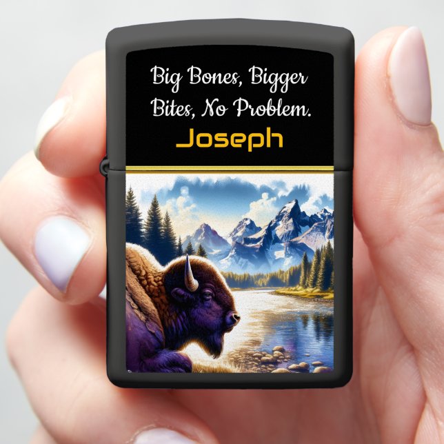 Majestic Buffalo by a Serene Mountain River Zippo Lighter (In Hand)