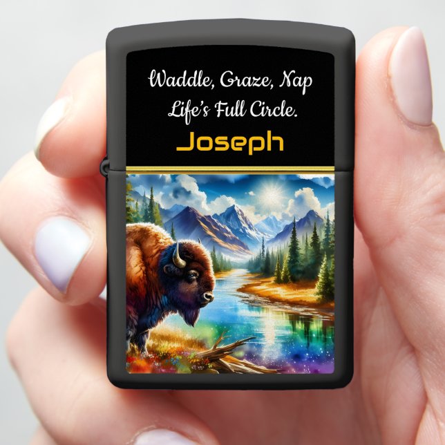 Majestic Buffalo by a Serene Mountain River Zippo Lighter (In Hand)