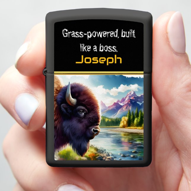 Majestic Buffalo by the Tranquil River at Sunrise Zippo Lighter (In Hand)