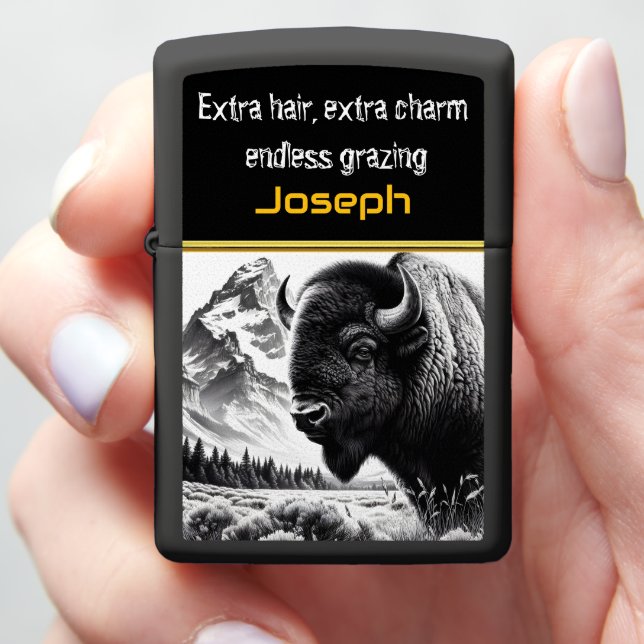 Majestic Buffalo Grazing Near Mountains at Sunrise Zippo Lighter (In Hand)