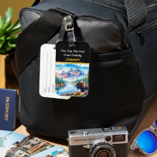 Majestic Buffalo Near a Serene Mountain River Luggage Tag