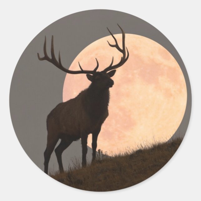 Majestic Bull Elk and Full Moon Rise Classic Round Sticker (Front)