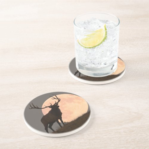 Majestic Bull Elk and Full Moon Rise Drink Coaster