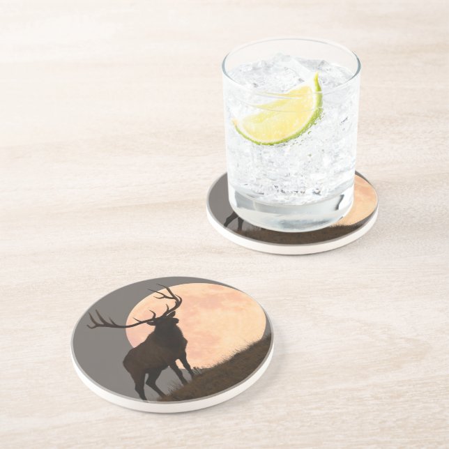 Majestic Bull Elk and Full Moon Rise Drink Coaster (Side)