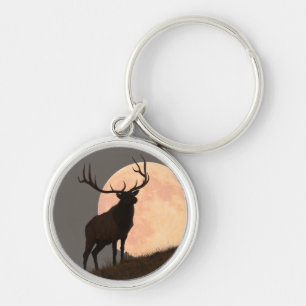 Majestic Bull Elk and Full Moon Rise Keychain